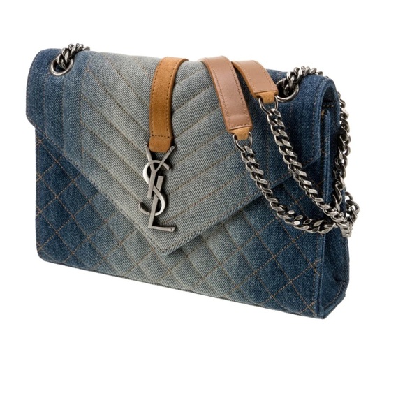 SAINT LAURENT Chevron Denim Monogram Medium Envelope Bag - Picture 4 of 5